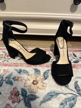 Jessica Simpson Black Suede Ankle-Strap Block Heels
